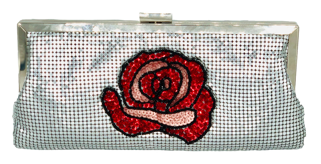 Silver Mesh Rose Handbag w/ Strap